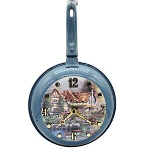 Quartz Blue Painted Cottage Scenery 8" Fry Pan Decorative Wall Clock Made in USA